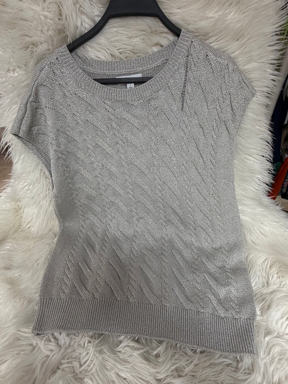 Calvin Klein Sweater Top Medium Silver Metallic Knit Sleeveless Glam Rock